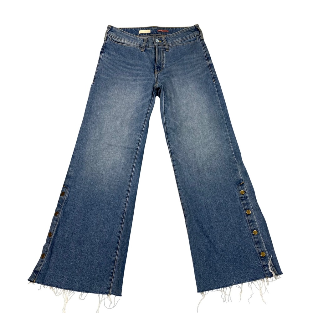 Pilcro and the Letterpress Wide Leg Snap Button Raw Hem Jeans Blue 26